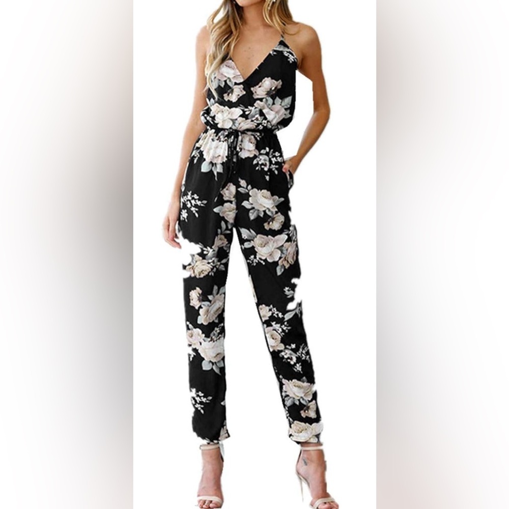 Black Floral V-Neck Sleeveless Jumpsuit